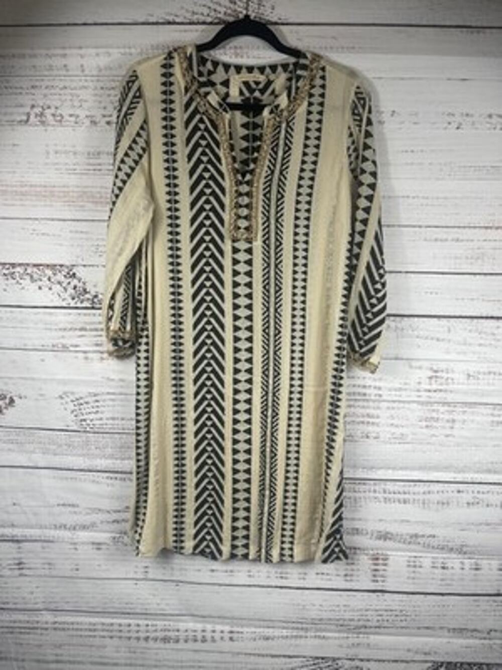 Soft Surroundings Dress Womens Medium Black Geometric Beaded Kaftan Boho Shift
